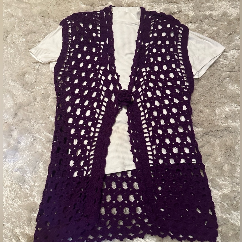 Purple Crochet Open-Front V-Neck Sweater Vest